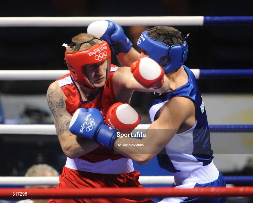 19 August 2008; Tony Jeffries, Great Brittan, in action against Imre Szello, in blue from Hungary, during their quarter-final bout of the Light Heavy weight, 81kg, contest. Beijing 2008 - Games of the XXIX Olympiad, Beijing Workers Gymnasium, Olympic Green, Beijing, China. Picture credit: Ray McManus / SPORTSFILE