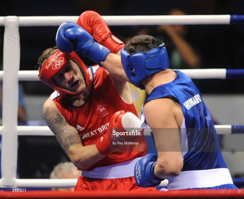 19 August 2008; Tony Jeffries, Great Brittan, in action against Imre Szello, in blue from Hungary, during their quarter-final bout of the Light Heavy weight, 81kg, contest. Beijing 2008 - Games of the XXIX Olympiad, Beijing Workers Gymnasium, Olympic Green, Beijing, China. Picture credit: Ray McManus / SPORTSFILE