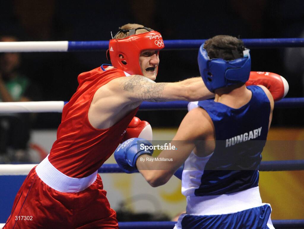19 August 2008; Tony Jeffries, Great Brittan, in action against Imre Szello, in blue from Hungary, during their quarter-final bout of the Light Heavy weight, 81kg, contest. Beijing 2008 - Games of the XXIX Olympiad, Beijing Workers Gymnasium, Olympic Green, Beijing, China. Picture credit: Ray McManus / SPORTSFILE