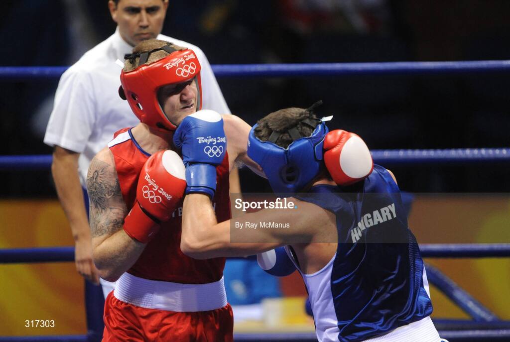 19 August 2008; Tony Jeffries, Great Brittan, in action against Imre Szello, in blue from Hungary, during their quarter-final bout of the Light Heavy weight, 81kg, contest. Beijing 2008 - Games of the XXIX Olympiad, Beijing Workers Gymnasium, Olympic Green, Beijing, China. Picture credit: Ray McManus / SPORTSFILE