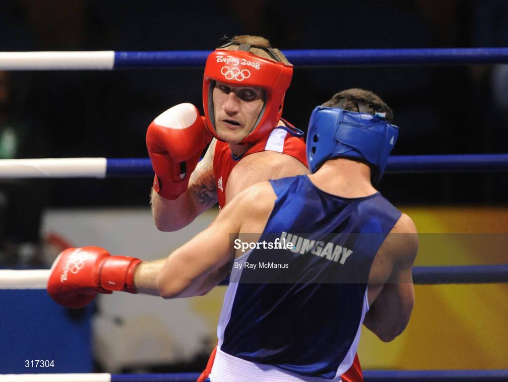 19 August 2008; Tony Jeffries, Great Brittan, in action against Imre Szello, in blue from Hungary, during their quarter-final bout of the Light Heavy weight, 81kg, contest. Beijing 2008 - Games of the XXIX Olympiad, Beijing Workers Gymnasium, Olympic Green, Beijing, China. Picture credit: Ray McManus / SPORTSFILE