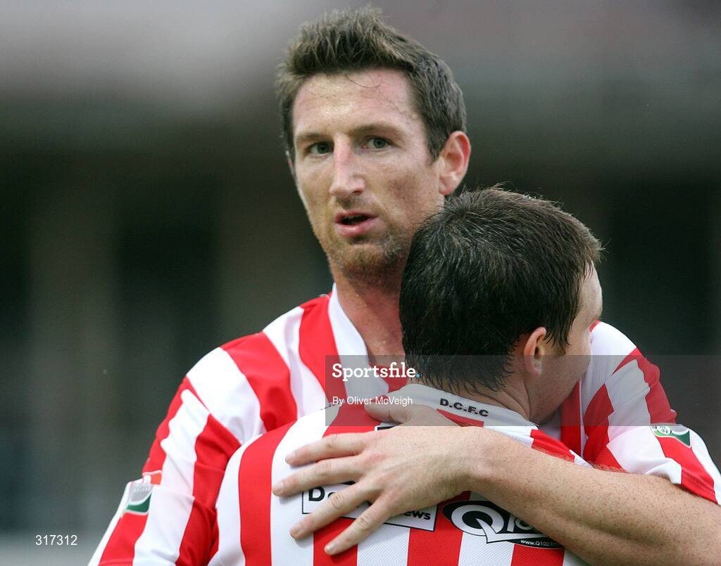 19 August 2008; Derry City's Clive Delaney celebrates after scoring his sid'e second goal with team-mate Kevin Deery. FAI Ford Cup Fourth Round, Derry City v Kildare County, Brandywell, Derry. Picture credit: Oliver McVeigh / SPORTSFILE