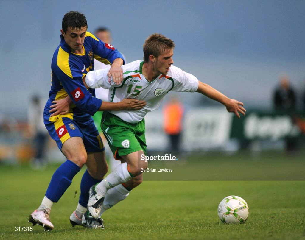 19 August 2008; Conor Clifford, Republic of Ireland, in action against Vitaliy Keveryn, Ukraine. Under-19 Four Nations International Tournament, Leah Victoria Park, Tullamore, Co. Offaly. Picture credit: Brian Lawless / SPORTSFILE