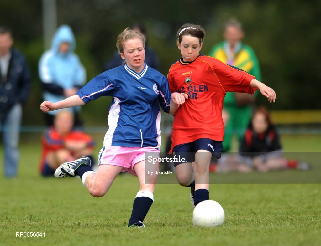 17 August 2008; The HSE Community Games National Finals kicked off in style this weekend as the Games celebrate 40 years of fun and achievement. Pictured at the HSE Community Games National Finals in Mosney is Leanne Keaveney, right, Donegal in action against Hazel Blackmaren, Tipperary, in the Girls Under 15 Soccer Final. This years finals, which will take place from 16th - 17th August and 23rd - 24th August, will see an estimated 6,500 young people aged between six and 16 years participate in a diverse range of activities such as athletics, football, basketball, art, model making and dancing. Photo by Sportsfile
