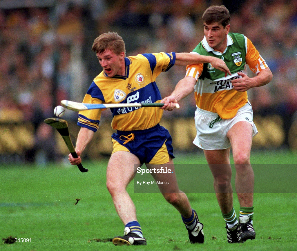 3 September 1995; Jamesie O'Connor, Clare in action against Michael Duignan, Offaly, Clare v Offaly, All Ireland hurling Final, Croke Park, Dublin. Picture credit; Ray McManus/SPORTSFILE