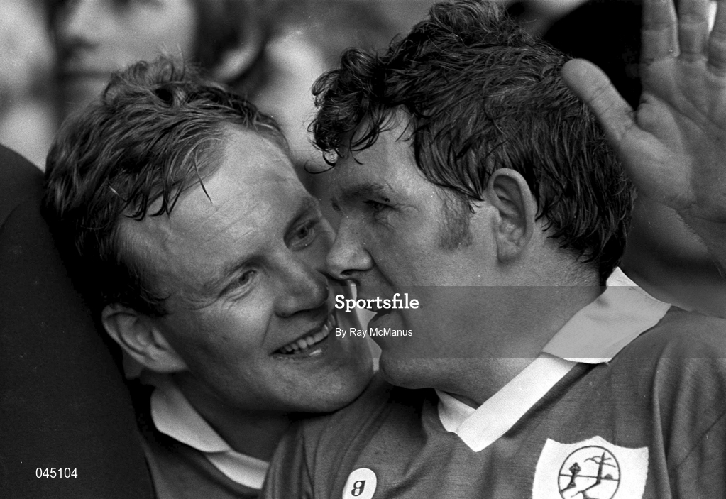 1 September 1985; Joachim Kelly, left, and Padraig Horan, Offaly celebrate after victory against Galway, Offaly v Galway, All Ireland hurling Final, Croke Park, Dublin. Picture credit; Ray McManus/SPORTSFILE