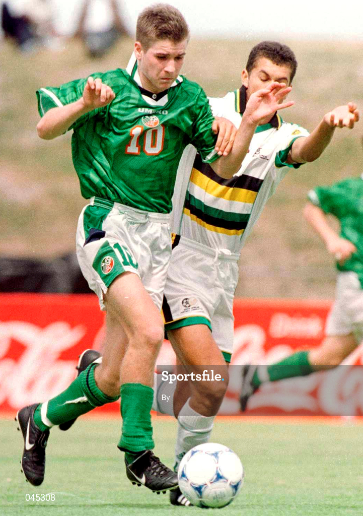 28 January 1999;  Republic of Ireland's Shaun Byrne in action against South Africa's, Keenim Lesch, in Group A  of the U.17 Meridian Cup. The Athlone Stadium, Capetown, South Africa. Soccer. Picture Credit David Maher/SPORTSFILE