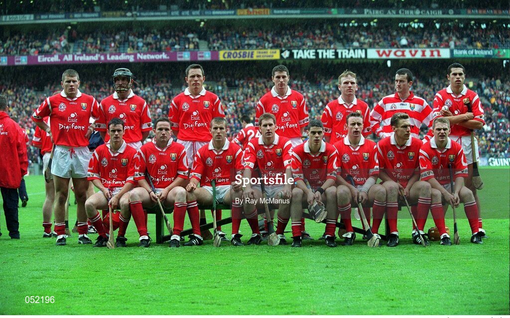 12 September 1999; The Cork team, back row, left to right, Diarmuid O'Sullivan, Brian Corcoran, John Browne, Fergal McCormack, Wayne Sherlock, Donal Óg Cusack, Seán Óg Ó hAilpín, front row, left to right, Seánie McGrath, Mickey O'Connell, Ben O'Connor, Mark Landers, Neil Ronan, Fergal Ryan, Timmy McCarthy, and Joe Deane prior to the GAA Hurling All-Ireland Senior Championship Final match between Cork and Kilkenny at Croke Park in Dublin. Photo by Ray McManus/Sportsfile