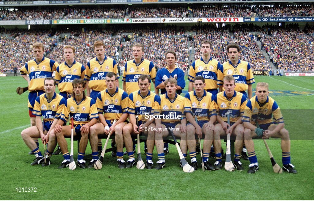 3 September 1995; The Clare team, back row, left to right, Brian Lohan, Michael O'Halloran, Frank Lohan, Conor Clancy, Davy Fitzgerald, Seánie McMahon, Ger O'Loughlin, front row, left to right, Liam Doyle, PJ O'Connell, Ollie Baker, Anthony Daly, Jamesie O'Connor, Fergal Hegarty, Fergus Touhy, and Stephen McNamara . All-Ireland Hurling Final, Clare v Offaly, Croke Park, Dublin. Picture credit; Brendan Moran / SPORTSFILE