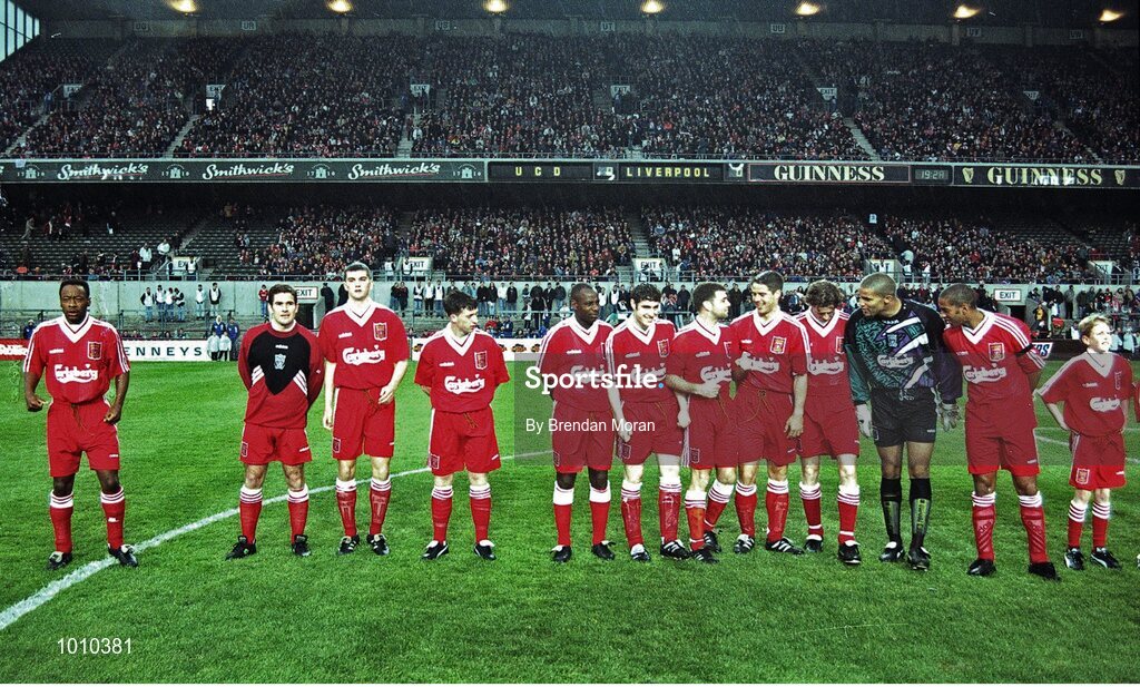 16 May 1995; The Liverpool team, from left to right, Mark Walters, Nigel Clough, Dominic Matteo, Robbie Fowler, Michael Thomas, Mark Kennedy, Steve Harkness, Jamie Redknapp, Steve McManaman, David James and Phil Babb before the pre-season friendly match between UCD and Liverpool at Lansdowne Road in Dublin. Photo By Brendan Moran/Sportsfile