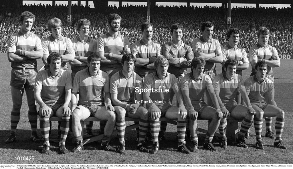 20 September 1981; The Kerry team, back row, left to right, Jack O'Shea, Pat Spillane, Paudie Lynch, Eoin Liston, John O'Keeffe, Charlie Nelligan, Tim Kennelly, Ger Power, Seán Walsh, front row, left to right, Mikey Sheehy, Páidí Ó Sé, Tommy Doyle, Jimmy Deenihan, Mick Spillane, John Egan, and Denis Ogie Moran before the All Ireland Senior Football Championship Final match between Kerry and Offaly at Croke Park, Dublin. Photo by Ray McManus/Sportsfile