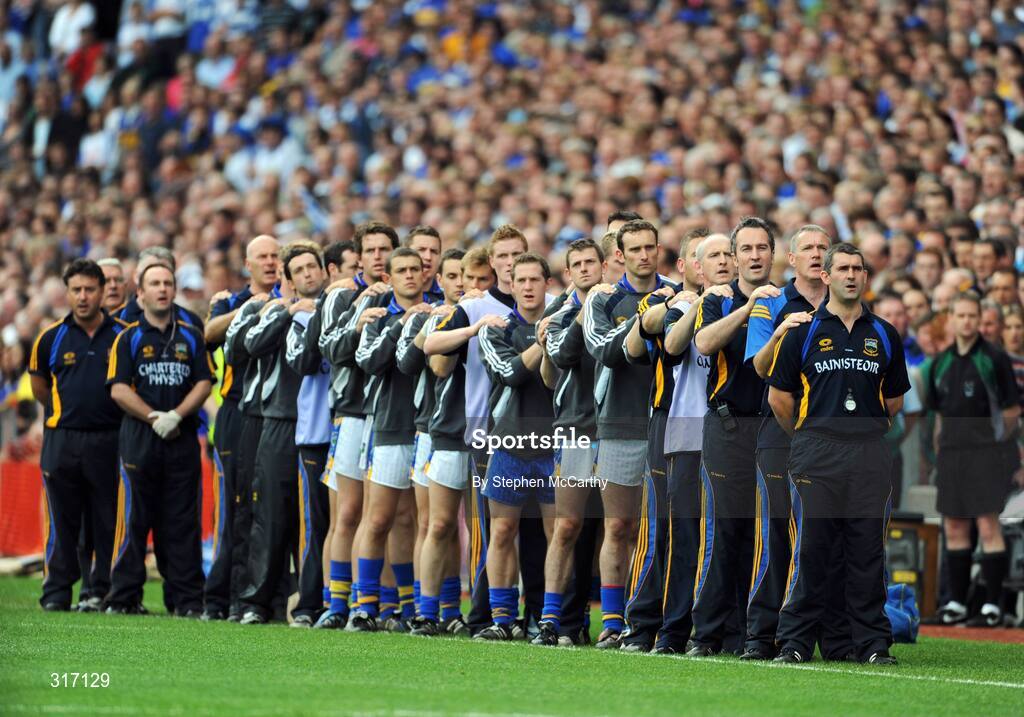 17 August 2008; The Tipperary management, backroom staff and substitutes line up behind manager Liam Sheedy during Amhran na bhFiann. GAA Hurling All-Ireland Senior Championship Semi-Final, Tipperary v Waterford, Croke Park, Dublin. Picture credit: Stephen McCarthy / SPORTSFILE