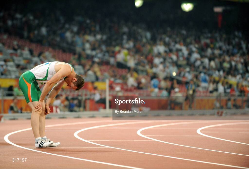 19 August 2008; Paul Hession, Ireland, after his semi-final of the Men's 200m, in which he finished 5th in a time of 20.38 seconds and 10th overall. The first 8 made the final. Beijing 2008 - Games of the XXIX Olympiad, National Stadium, Olympic Green, Beijing, China. Picture credit: Brendan Moran / SPORTSFILE