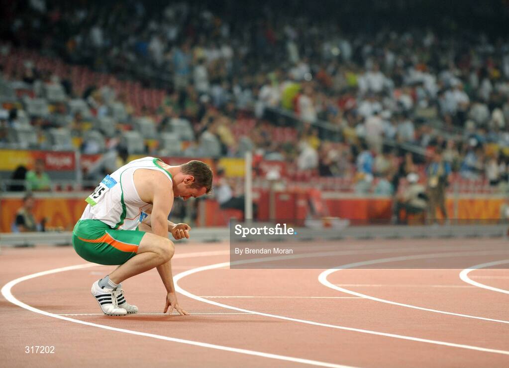 19 August 2008; Paul Hession, Ireland, after his semi-final of the Men's 200m, in which he finished 5th in a time of 20.38 seconds and 10th overall. The first 8 made the final. Beijing 2008 - Games of the XXIX Olympiad, National Stadium, Olympic Green, Beijing, China. Picture credit: Brendan Moran / SPORTSFILE