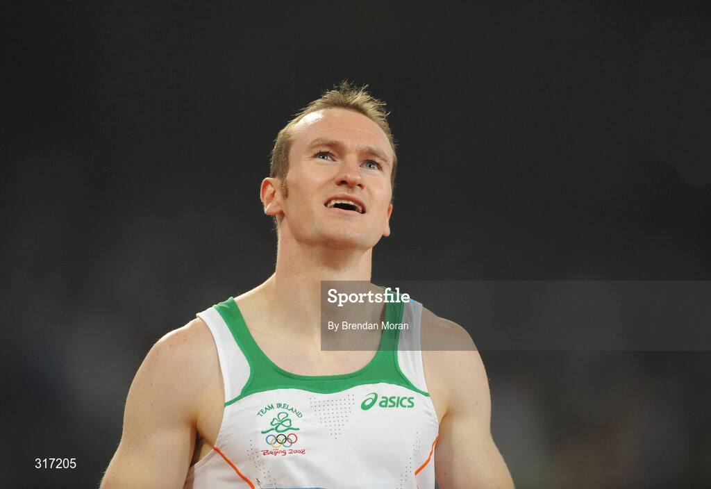 19 August 2008; Paul Hession, Ireland, reacts after crossing the line in semi-final of the Men's 200m, in which he finished 5th in a time of 20.38 seconds and 10th overall. The first 8 made the final. Beijing 2008 - Games of the XXIX Olympiad, National Stadium, Olympic Green, Beijing, China. Picture credit: Brendan Moran / SPORTSFILE