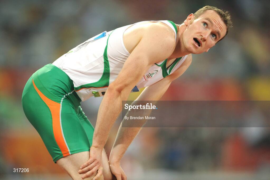 19 August 2008; Paul Hession, Ireland, waits for his official time to be posted after crossing the line in semi-final of the Men's 200m, in which he finished 5th in a time of 20.38 seconds and 10th overall. The first 8 made the final. Beijing 2008 - Games of the XXIX Olympiad, National Stadium, Olympic Green, Beijing, China. Picture credit: Brendan Moran / SPORTSFILE
