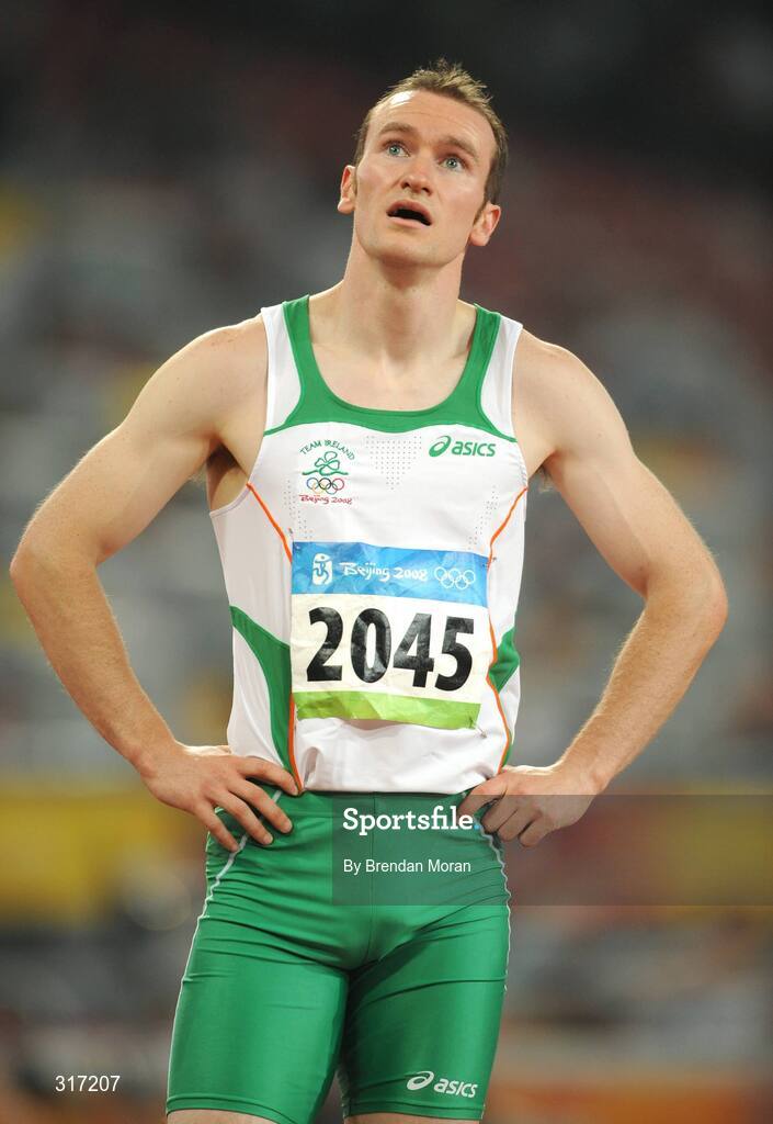 19 August 2008; Paul Hession, Ireland, waits for his official time to be posted after crossing the line in semi-final of the Men's 200m, in which he finished 5th in a time of 20.38 seconds and 10th overall. The first 8 made the final. Beijing 2008 - Games of the XXIX Olympiad, National Stadium, Olympic Green, Beijing, China. Picture credit: Brendan Moran / SPORTSFILE