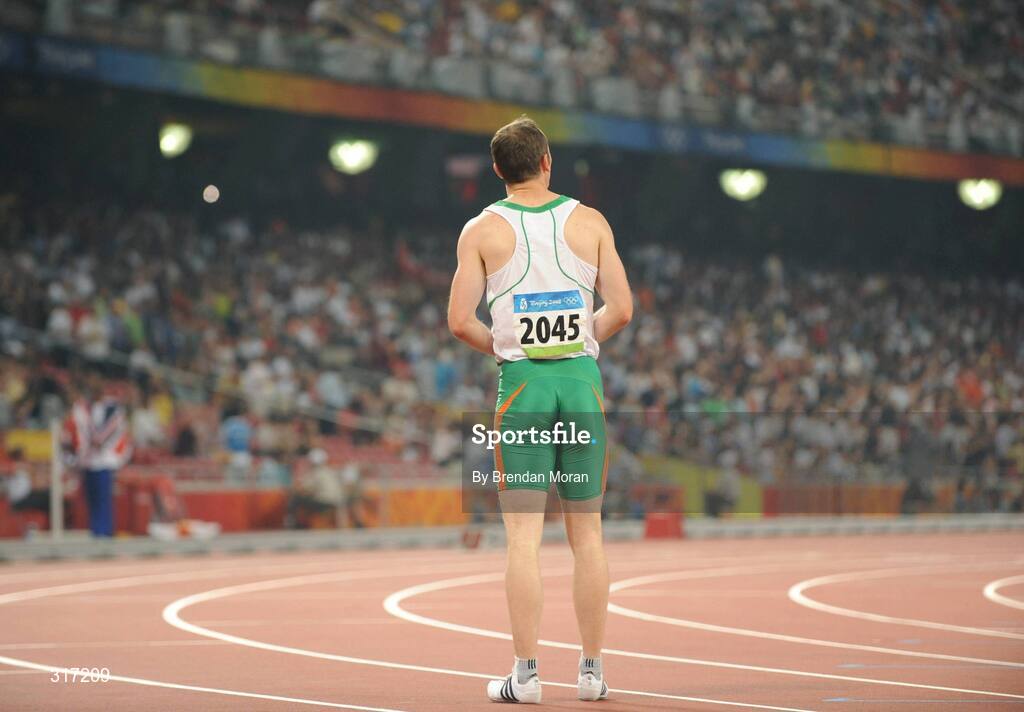 19 August 2008; Paul Hession, Ireland, waits for his official time to be posted after crossing the line in semi-final of the Men's 200m, in which he finished 5th in a time of 20.38 seconds and 10th overall. The first 8 made the final. Beijing 2008 - Games of the XXIX Olympiad, National Stadium, Olympic Green, Beijing, China. Picture credit: Brendan Moran / SPORTSFILE