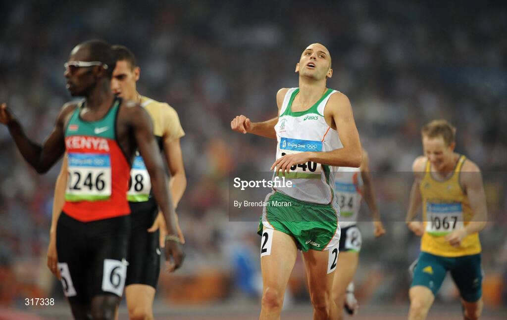 20 August 2008; Thomas Chamney, Ireland, crosses the line in his heat of the men's 1500m, where he finished 5th in a time of 1.47.66. Beijing 2008 - Games of the XXIX Olympiad, National Stadium, Olympic Green, Beijing, China. Picture credit: Brendan Moran / SPORTSFILE