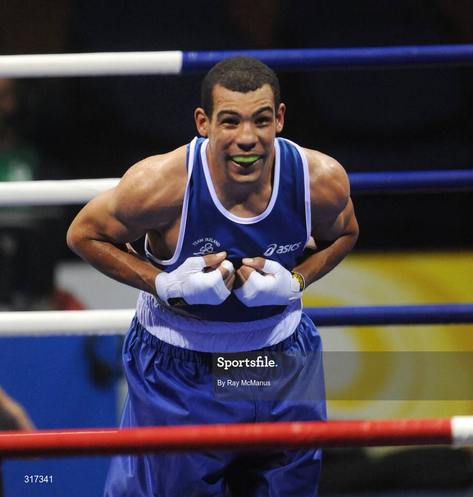 20 August 2008; Darren Sutherland, Ireland, celebrates victory over Alfonso Blanco Parra, from Venezuela, during a quarter-final bout of the Middle weight, 75kg, contest. Beijing 2008 - Games of the XXIX Olympiad, Beijing Workers Gymnasium, Olympic Green, Beijing, China. Picture credit: Ray McManus / SPORTSFILE