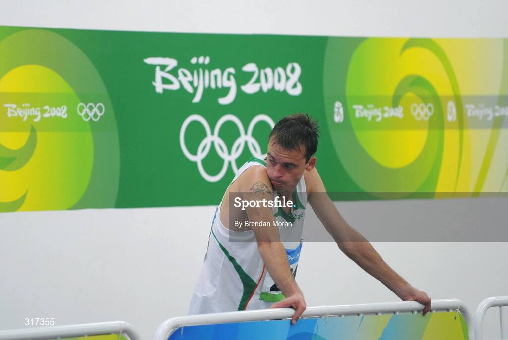 20 August 2008; Alistair Cragg, Ireland, after his heat of the Men's 5000m, where he finished 6th in a time of 13:38.57 and qualified for the final. Beijing 2008 - Games of the XXIX Olympiad, National Stadium, Olympic Green, Beijing, China. Picture credit: Brendan Moran / SPORTSFILE