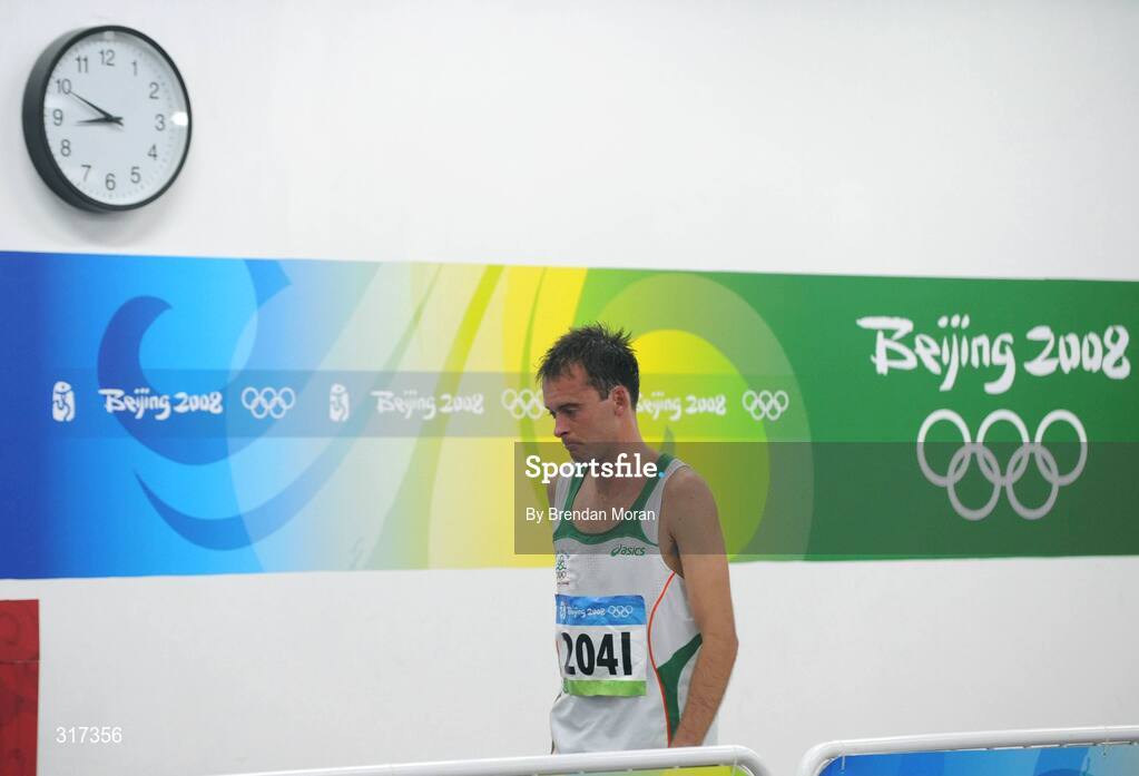 20 August 2008; Alistair Cragg, Ireland, after his heat of the Men's 5000m, where he finished 6th in a time of 13:38.57 and qualified for the final. Beijing 2008 - Games of the XXIX Olympiad, National Stadium, Olympic Green, Beijing, China. Picture credit: Brendan Moran / SPORTSFILE