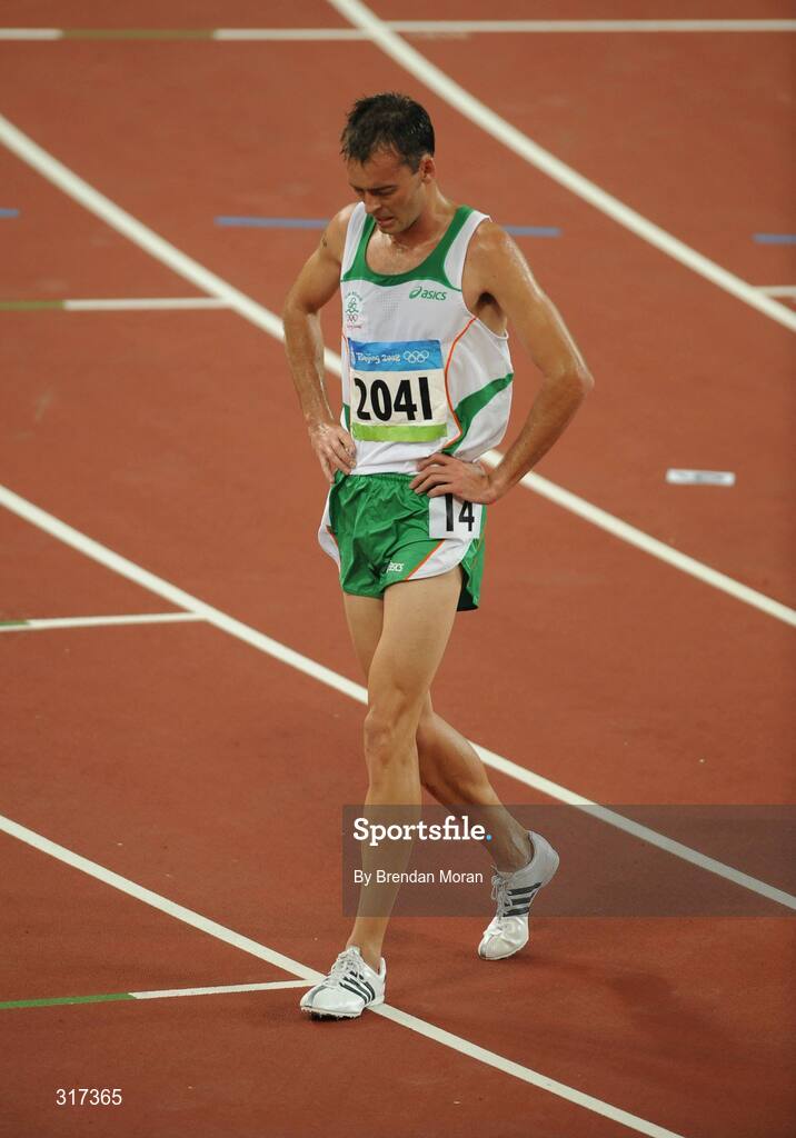 20 August 2008; Alistair Cragg, 2041, Ireland, reacts after his heat of the Men's 5000m, where he finished 6th in a time of 13:38.57 and qualified for the final. Beijing 2008 - Games of the XXIX Olympiad, National Stadium, Olympic Green, Beijing, China. Picture credit: Brendan Moran / SPORTSFILE