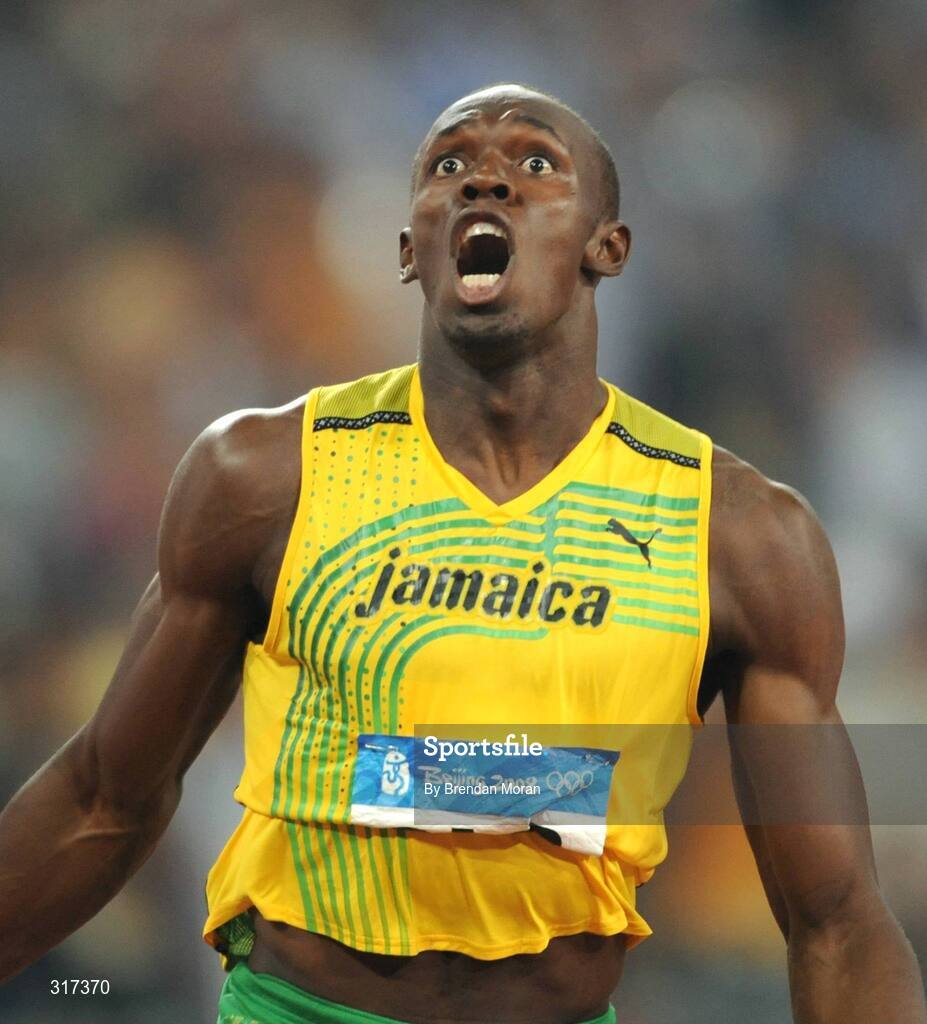 20 August 2008; Usain Bolt, of Jamaica, celebrates winning the Men's 200m Final in a new world record time of 19.30 seconds. Beijing 2008 - Games of the XXIX Olympiad, National Stadium, Olympic Green, Beijing, China. Picture credit: Brendan Moran / SPORTSFILE