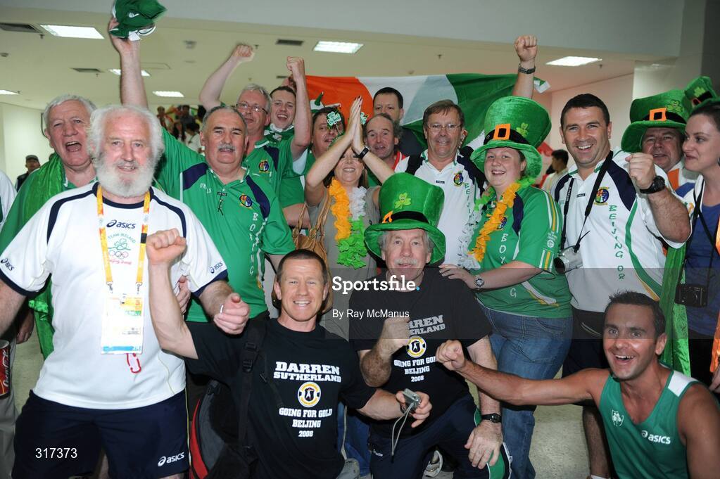 20 August 2008; Ireland boxing supporters including Team manager Jim Walsh, extreme left, attending the Quarter-Final which resulted in victory for Darren Sutherland who has now progressed to the semi-final and is guaranteed at least a bronze medal. Beijing 2008 - Games of the XXIX Olympiad, Beijing Workers Gymnasium, Olympic Green, Beijing, China. Picture credit: Ray McManus / SPORTSFILE