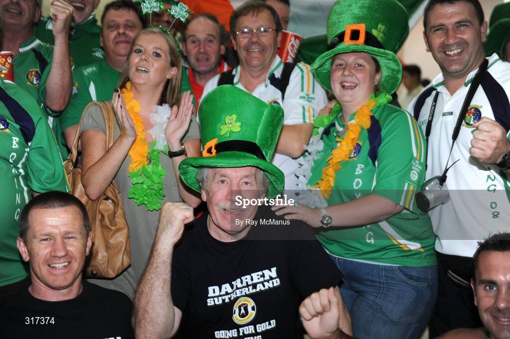 20 August 2008; Ireland boxing supporters attending the Quarter-Final which resulted in victory for Darren Sutherland who has now progressed to the semi-final and is guaranteed at least a bronze medal. Beijing 2008 - Games of the XXIX Olympiad, Beijing Workers Gymnasium, Olympic Green, Beijing, China. Picture credit: Ray McManus / SPORTSFILE
