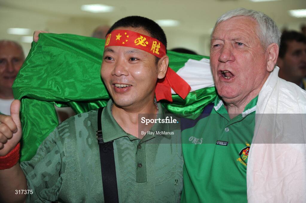 20 August 2008; Ireland boxing supporters attending the Quarter-Final which resulted in victory for Darren Sutherland who has now progressed to the semi-final and is guaranteed at least a bronze medal. Beijing 2008 - Games of the XXIX Olympiad, Beijing Workers Gymnasium, Olympic Green, Beijing, China. Picture credit: Ray McManus / SPORTSFILE