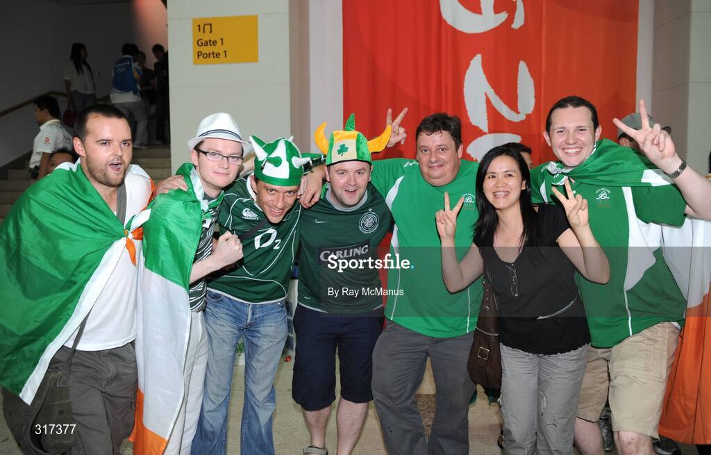20 August 2008; Ireland boxing supporters attending the Quarter-Final which resulted in victory for Darren Sutherland who has now progressed to the semi-final and is guaranteed at least a bronze medal. Beijing 2008 - Games of the XXIX Olympiad, Beijing Workers Gymnasium, Olympic Green, Beijing, China. Picture credit: Ray McManus / SPORTSFILE