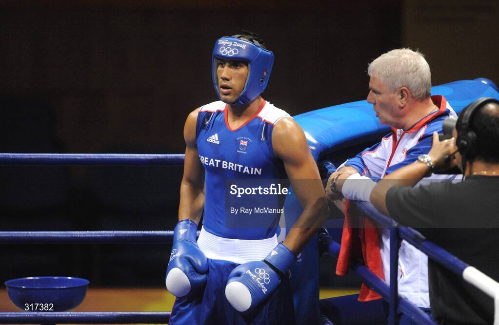 20 August 2008; James Degale, Great Britain, before his quarter-final bout of the Middle weight, 75kg, contest. Beijing 2008 - Games of the XXIX Olympiad, Beijing Workers Gymnasium, Olympic Green, Beijing, China. Picture credit: Ray McManus / SPORTSFILE