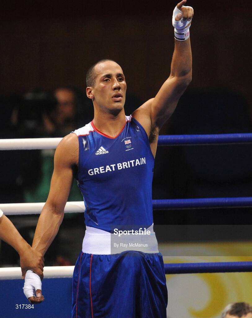 20 August 2008; James Degale, Great Britain, celebrates victory over Bakhtiyar Artayev, from Kazakastan, during theiquarter-final bout of the Middle weight, 75kg, contest. Beijing 2008 - Games of the XXIX Olympiad, Beijing Workers Gymnasium, Olympic Green, Beijing, China. Picture credit: Ray McManus / SPORTSFILE