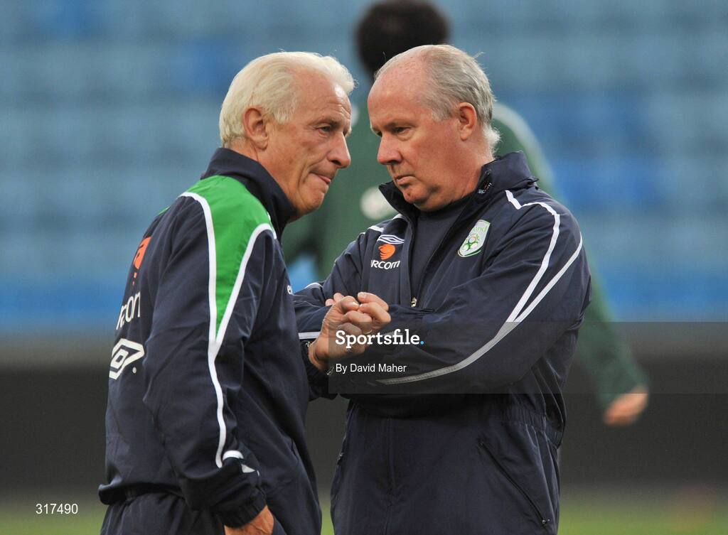 19 August 2008; Republic of Ireland assistant manager Liam Brady with manager Giovanni Trapattoni during squad training. Ullevall Stadium, Oslo, Norway. Picture credit: David Maher / SPORTSFILE