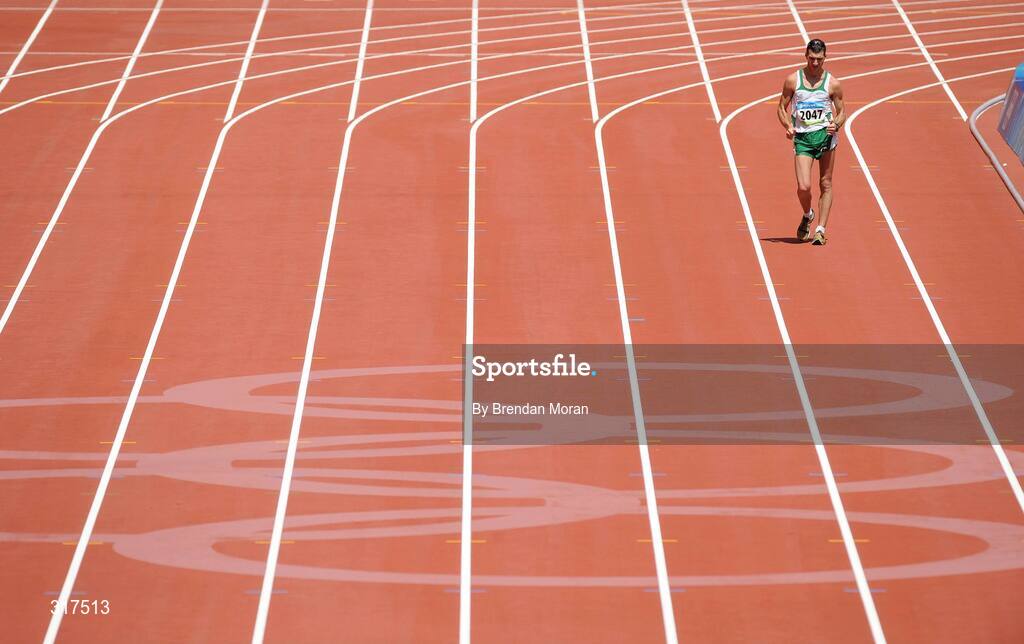 22 August 2008; Jamie Costin, 2047, Ireland, comes down the finishing straight during the Men's 50km Walk Final, where he finished 44th in a time of 4:15.16. Beijing 2008 - Games of the XXIX Olympiad, National Stadium, Olympic Green, Beijing, China. Picture credit: Brendan Moran / SPORTSFILE