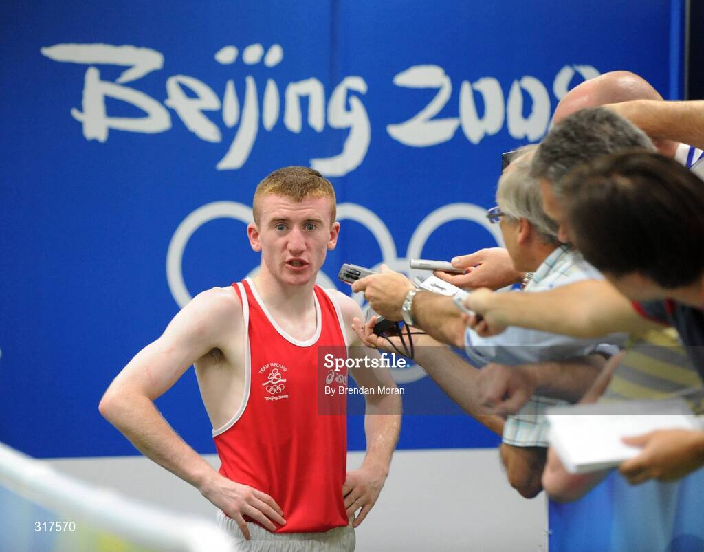 22 August 2008; Paddy Barnes, Ireland, speaking to journalists after Zou Sheming, China, defeated him in their semi-final bout in the Light Fly weight, 48kg, contest. Beijing 2008 - Games of the XXIX Olympiad, Beijing Workers' Gymnasium, Olympic Green, Beijing, China. Picture credit: Brendan Moran / SPORTSFILE