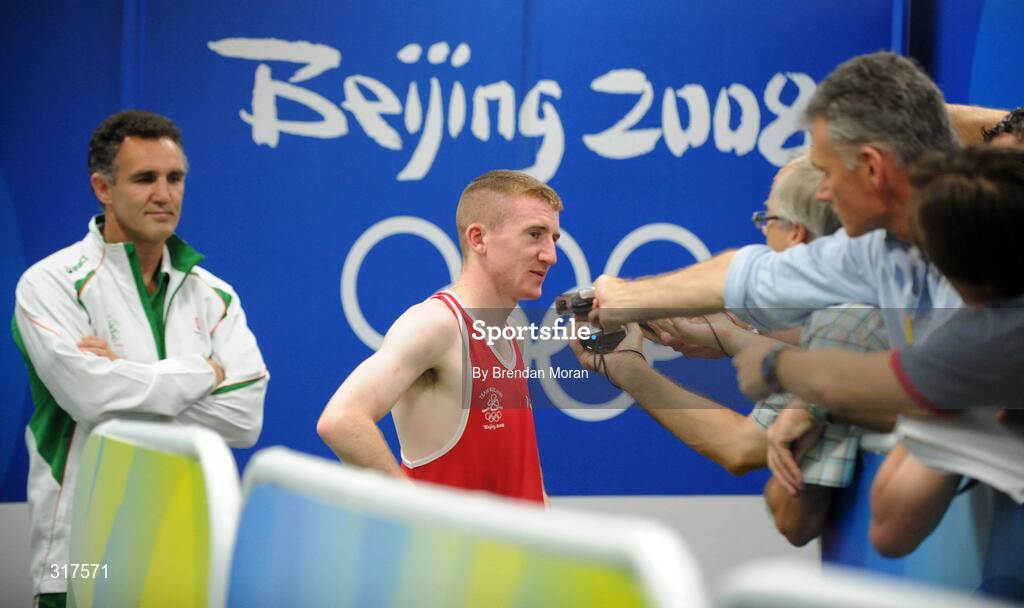 22 August 2008; Paddy Barnes, Ireland, speaking to journalists after Zou Sheming, China, defeated him in their semi-final bout in the Light Fly weight, 48kg, contest. Beijing 2008 - Games of the XXIX Olympiad, Beijing Workers' Gymnasium, Olympic Green, Beijing, China. Picture credit: Brendan Moran / SPORTSFILE