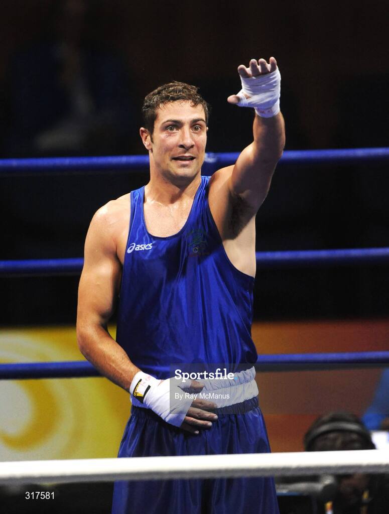 22 August 2008; Kenny Egan, Ireland, celebrates victory over Tony Jeffries, from Great Brittan, during their semi-final bout of the Light Heavy weight, 81kg, contest. Beijing 2008 - Games of the XXIX Olympiad, Beijing Workers Gymnasium, Olympic Green, Beijing, China. Picture credit: Ray McManus / SPORTSFILE
