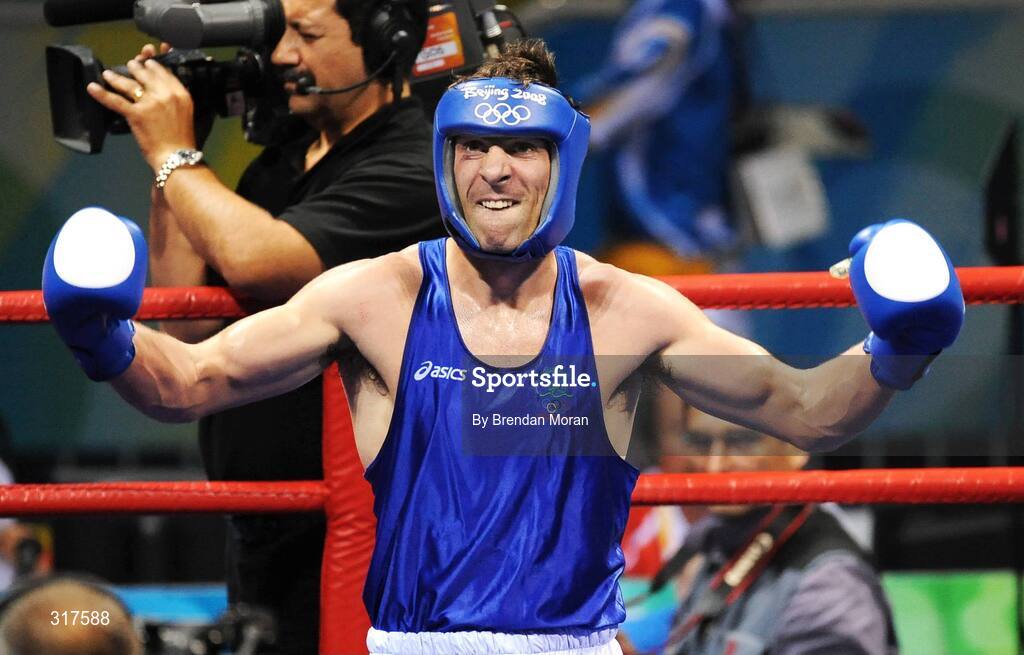 22 August 2008; Kenny Egan, Ireland, celebrates his victory over Tony Jeffries, Great Britain, during their semi-final bout in the Light Heavy weight, 81kg, contest. Beijing 2008 - Games of the XXIX Olympiad, Beijing Workers' Gymnasium, Olympic Green, Beijing, China. Picture credit: Brendan Moran / SPORTSFILE