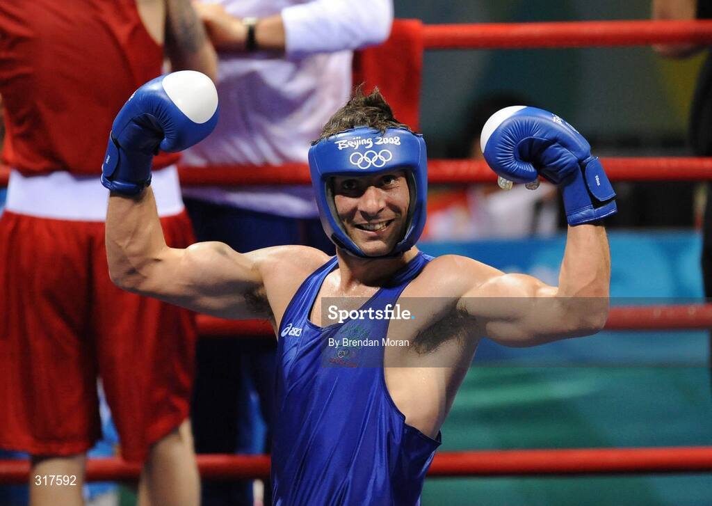 22 August 2008; Kenny Egan, Ireland, celebrates his victory over Tony Jeffries, Great Britain, during their semi-final bout in the Light Heavy weight, 81kg, contest. Beijing 2008 - Games of the XXIX Olympiad, Beijing Workers' Gymnasium, Olympic Green, Beijing, China. Picture credit: Brendan Moran / SPORTSFILE