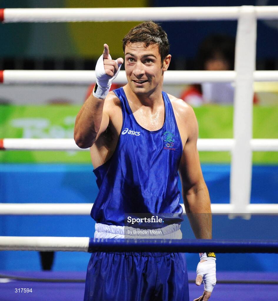 22 August 2008; Kenny Egan, Ireland, celebrates his victory over Tony Jeffries, Great Britain, after their semi-final bout in the Light Heavy weight, 81kg, contest. Beijing 2008 - Games of the XXIX Olympiad, Beijing Workers' Gymnasium, Olympic Green, Beijing, China. Picture credit: Brendan Moran / SPORTSFILE