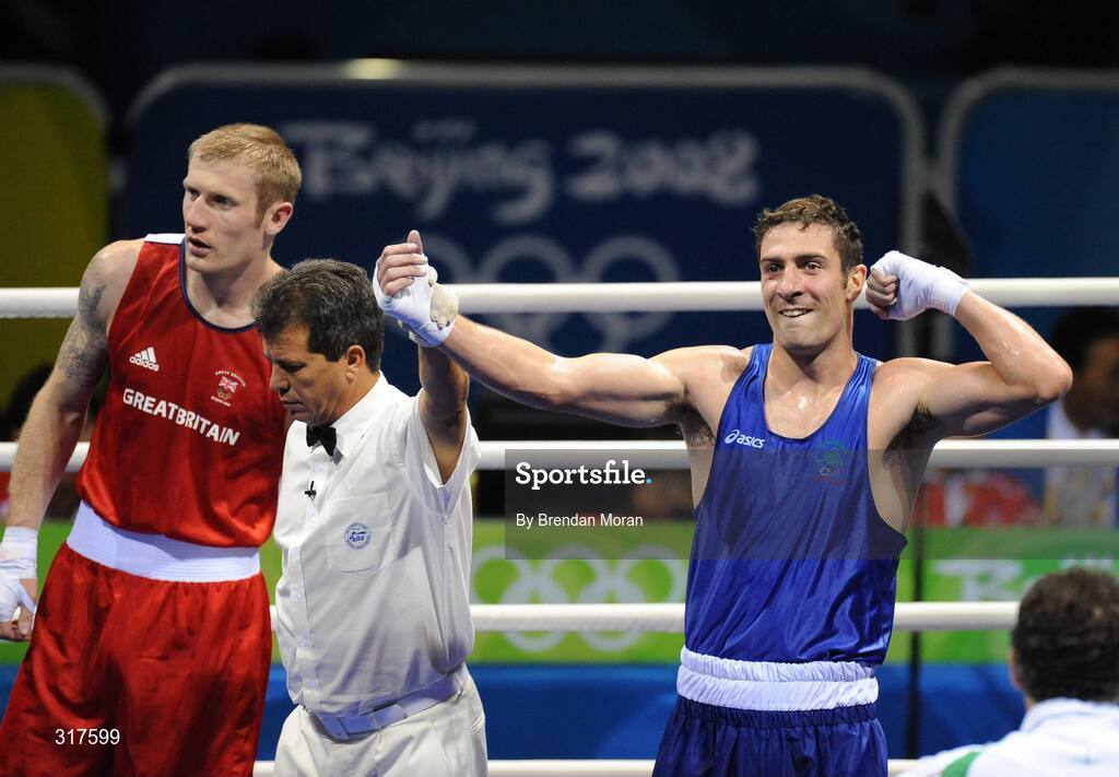 22 August 2008; Kenny Egan, Ireland, celebrates his victory over Tony Jeffries, Great Britain, during their semi-final bout in the Light Heavy weight, 81kg, contest. Beijing 2008 - Games of the XXIX Olympiad, Beijing Workers' Gymnasium, Olympic Green, Beijing, China. Picture credit: Brendan Moran / SPORTSFILE