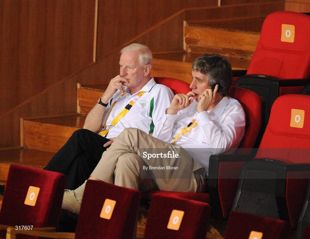 22 August 2008; John Delaney, right, Vice President of the Olympic Council of Ireland, and CEO of the Football Association of Ireland, in the company of Pat Hickey, President of the Olympic Council of Ireland and president of the European Olympic Committee at the Darren Sutherland bout. Beijing 2008 - Games of the XXIX Olympiad, Beijing Workers' Gymnasium, Olympic Green, Beijing, China. Picture credit: Brendan Moran / SPORTSFILE