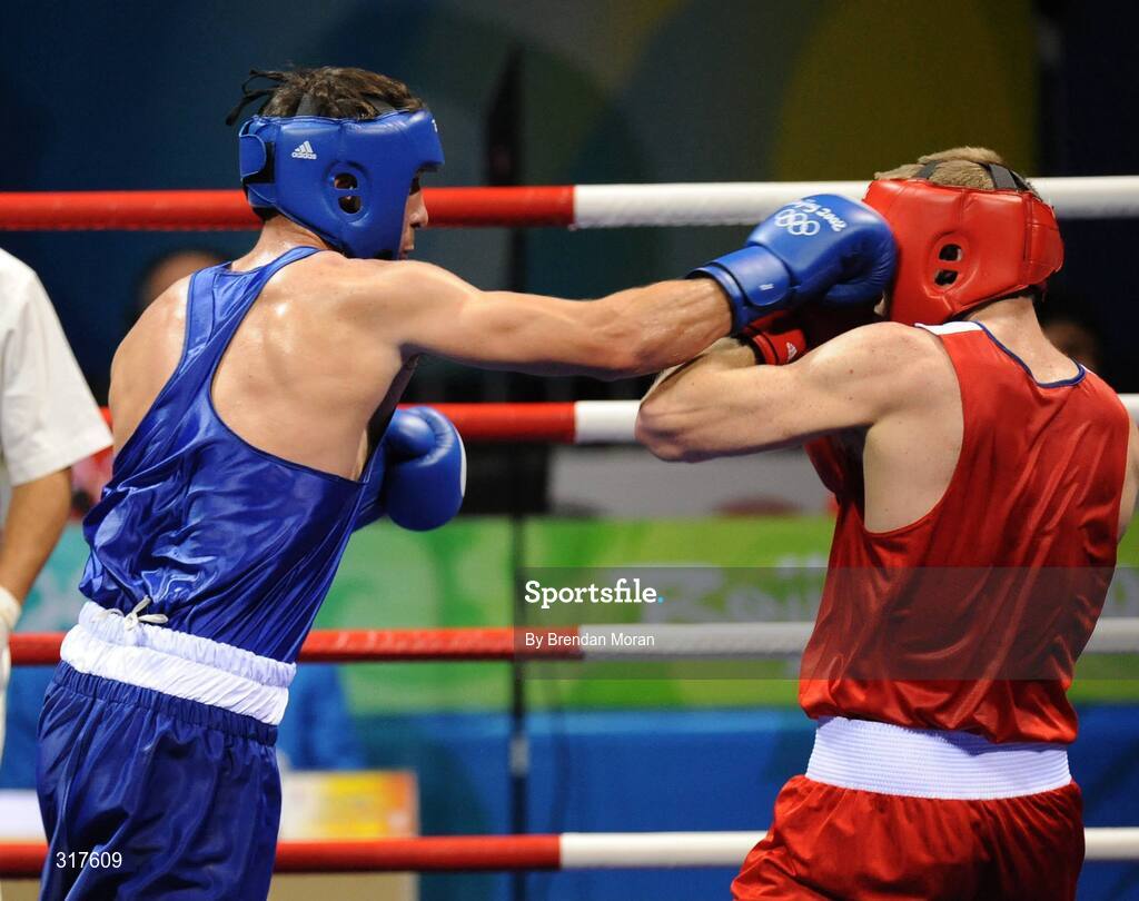 22 August 2008; Kenny Egan, Ireland, in action against Tony Jeffries, in red, Great Britain, during their semi-final bout in the Light Heavy weight, 81kg, contest. Beijing 2008 - Games of the XXIX Olympiad, Beijing Workers' Gymnasium, Olympic Green, Beijing, China. Picture credit: Brendan Moran / SPORTSFILE