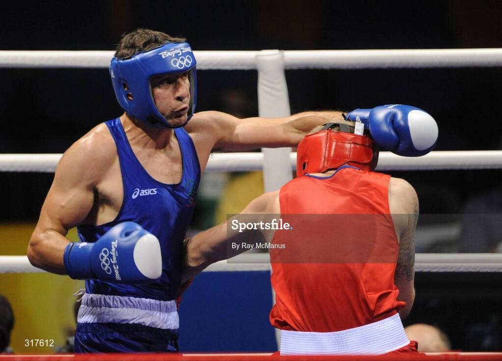 22 August 2008; Kenny Egan, Ireland, in action against Tony Jeffries, in red from Great Brittan, during their semi-final bout of the Light Heavy weight, 81kg, contest. Beijing 2008 - Games of the XXIX Olympiad, Beijing Workers Gymnasium, Olympic Green, Beijing, China. Picture credit: Ray McManus / SPORTSFILE