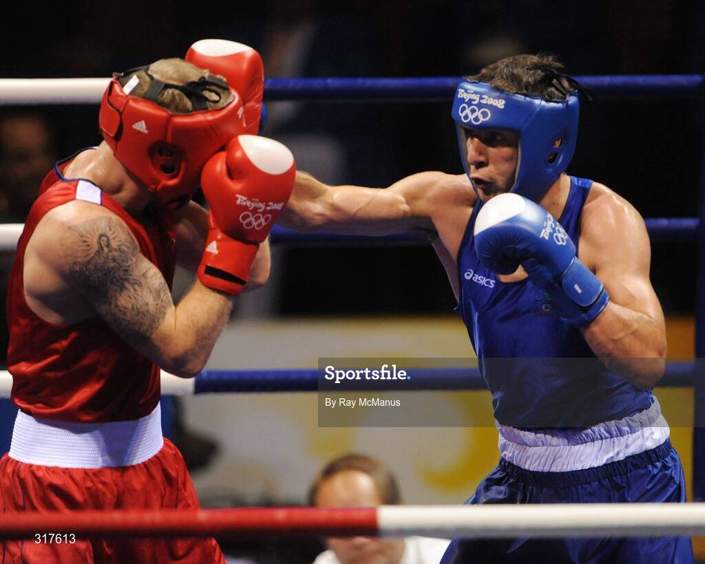 22 August 2008; Kenny Egan, Ireland, in action against Tony Jeffries, in red from Great Brittan, during their semi-final bout of the Light Heavy weight, 81kg, contest. Beijing 2008 - Games of the XXIX Olympiad, Beijing Workers Gymnasium, Olympic Green, Beijing, China. Picture credit: Ray McManus / SPORTSFILE