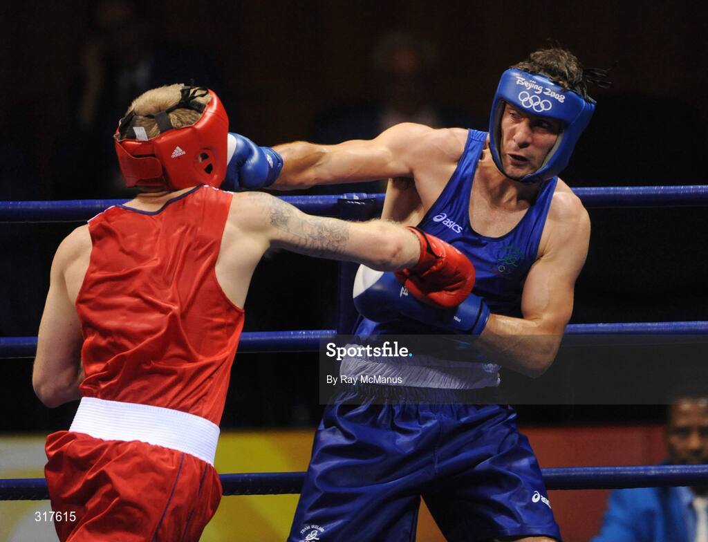 22 August 2008; Kenny Egan, Ireland, in action against Tony Jeffries, in red from Great Brittan, during their semi-final bout of the Light Heavy weight, 81kg, contest. Beijing 2008 - Games of the XXIX Olympiad, Beijing Workers Gymnasium, Olympic Green, Beijing, China. Picture credit: Ray McManus / SPORTSFILE