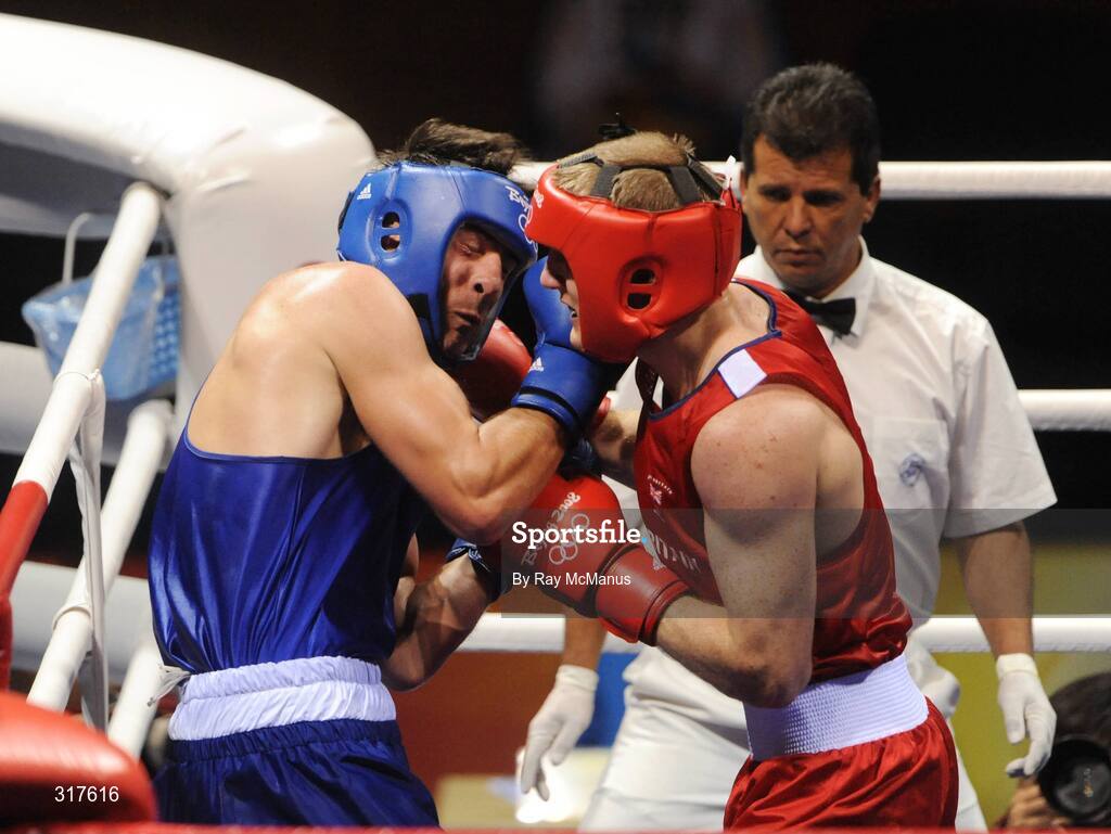 22 August 2008; Kenny Egan, Ireland, in action against Tony Jeffries, in red from Great Brittan, during their semi-final bout of the Light Heavy weight, 81kg, contest. Beijing 2008 - Games of the XXIX Olympiad, Beijing Workers Gymnasium, Olympic Green, Beijing, China. Picture credit: Ray McManus / SPORTSFILE