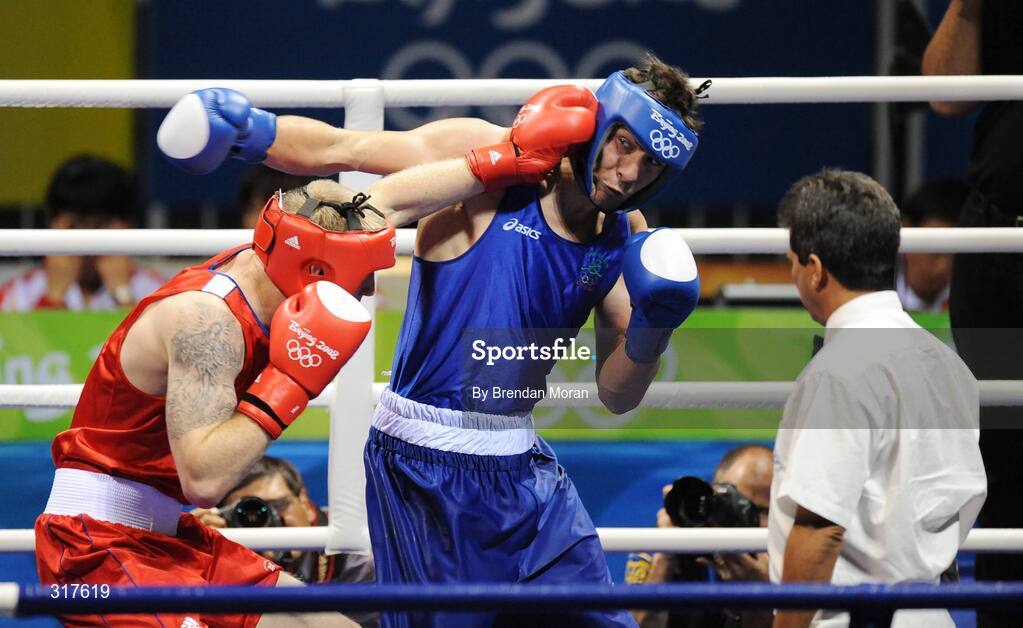 22 August 2008; Kenny Egan, Ireland, in action against Tony Jeffries, in red, Great Britain, during their semi-final bout in the Light Heavy weight, 81kg, contest. Beijing 2008 - Games of the XXIX Olympiad, Beijing Workers' Gymnasium, Olympic Green, Beijing, China. Picture credit: Brendan Moran / SPORTSFILE